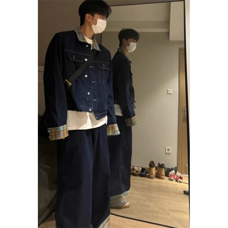 【有货】DT7010-P118美式潮牌格纹拼接男春秋夹克牛仔裤两件套装,男装休闲套装,星座603-2