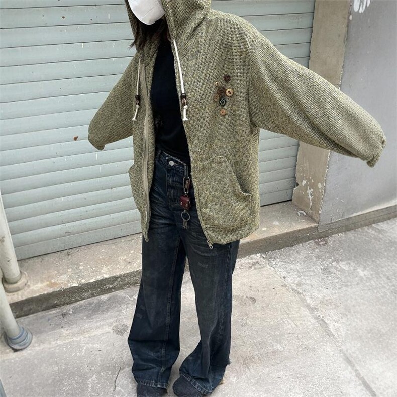美式复古设计感针织连帽卫衣男女小众慵懒潮牌外套LMY2833-P55,女装短外套,星座1008