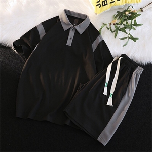 现货主推大码港风情侣冰丝日系polo五分裤休闲运动套装S14P60,黑色西裤搭配polo图片