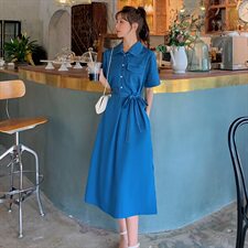 大货衬衣裙孔雀蓝连衣裙女087-Q87，女装连衣裙，柒柒家