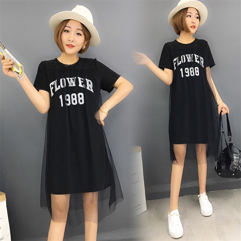 T恤字母圆领印花2021年夏季短袖中长款纱网韩版潮流时尚百搭休闲显瘦，女装T恤，诗贝淇