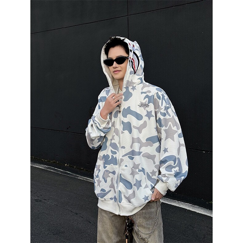 美式复古连帽迷彩卫衣拉链开衫潮春秋男女鲨鱼外套JK0641-P50,男装夹克,星座308B-1