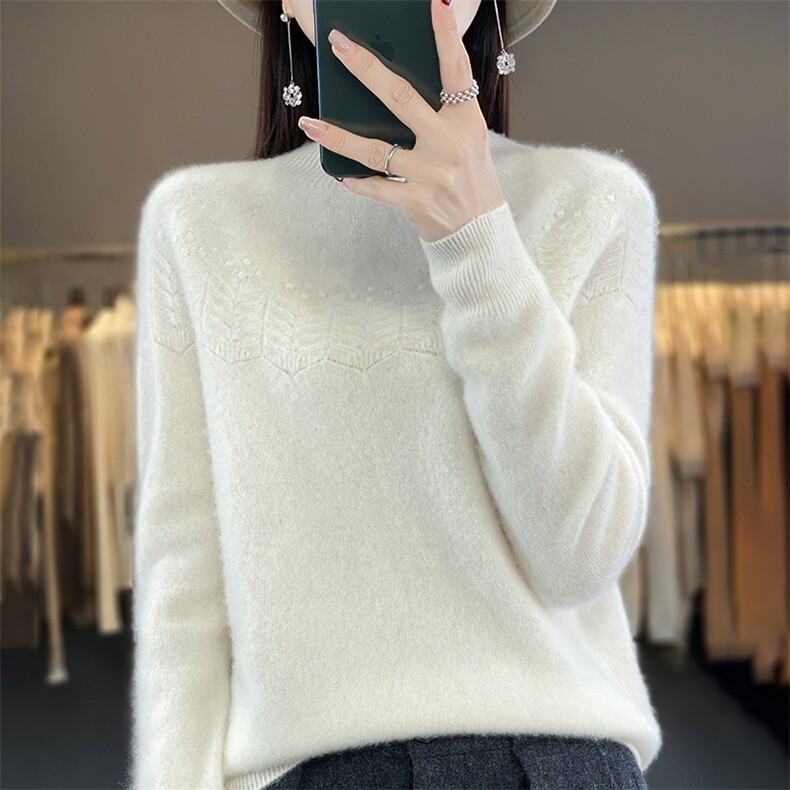 一线成衣针织100%羊毛衫女半高领花朵镂空宽松套头毛衣打底羊绒衫,女装羊毛衫,鲁菏羊绒