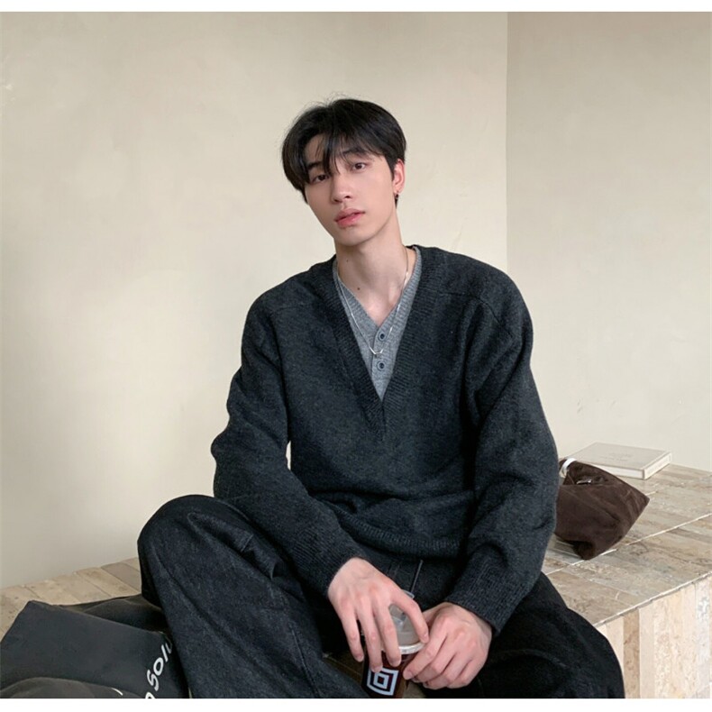 假两件拼接V领针织衫男慵懒风纯色羊毛套MY436-P45,男装针织衫/毛衣,星座1109-4