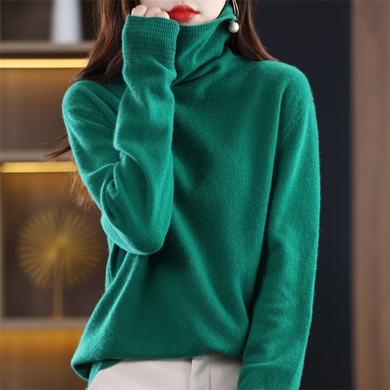 时尚简约100%山羊绒衫女高翻领加厚宽松显瘦针织打底衫毛衣内搭,女装羊毛衫,邓利维