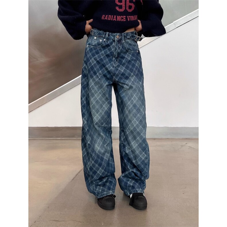 美式水洗做旧格纹小众设计感牛仔裤男女秋冬宽松百搭休闲长裤,男装牛仔裤,星座506A