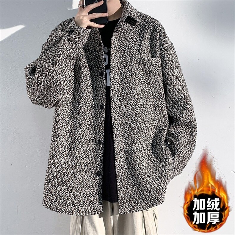 复古小香风外套男士春秋款高级感潮流翻领格子衬衫休闲男夹克,男装夹克,星座1013-1