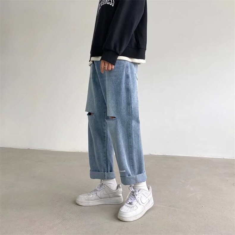 破洞牛仔裤男潮牌春季新款潮九分宽松大码直筒裤NK11P38，男装牛仔裤，星座1116-2