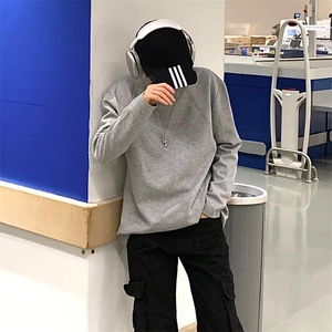 抖音得物品质26春装美式高街宽松 曼巴棉螺纹拼接卫衣圆领长袖T恤图片
