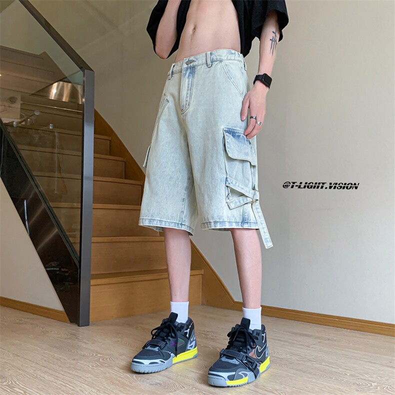 B221美式ins高街暗黑百搭牛仔工装短裤五分裤子LK23098-P65控88,男装牛仔裤,电商B221