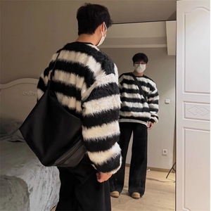 韩系慵懒风毛衣男黑白条纹cleanfit高级感马海毛美式复古冬针织衫图片