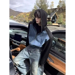 1506/QS1650/P103美式垫肩牛仔拼接卫衣短款感痞帅连帽上衣夹克图片