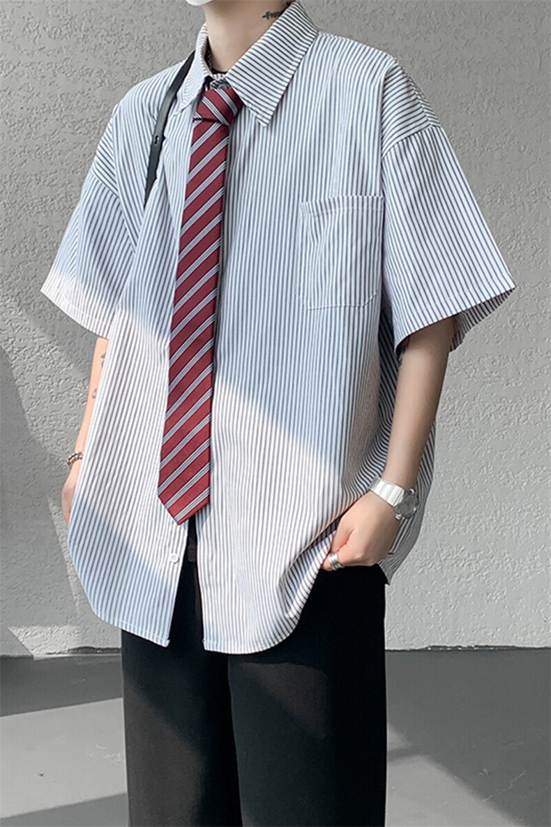 8XL-M条纹短袖衬衫男夏季宽松慵懒风痞帅大码衬衣外套DC28001P40,男装衬衫,电商B312