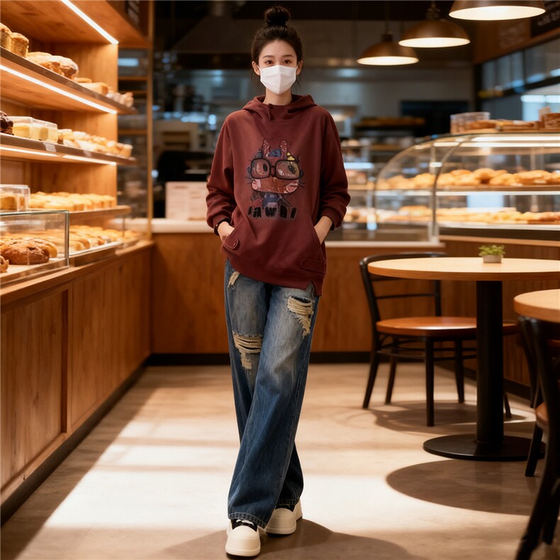 慵懒风时尚休闲运动套装女春新款连帽刺绣卡通上衣牛仔长裤两件套,女装套装/套裙,2C310