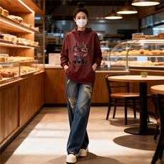 慵懒风时尚休闲运动套装女春新款连帽刺绣卡通上衣牛仔长裤两件套，女装套装/套裙，2C310