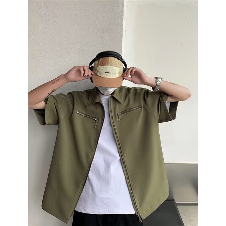 美式复古星星金属拉链短袖衬衫潮男女夏季宽松翻领五分袖衬衣外套,男装衬衫,星座601-2