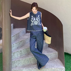【新款现货】重工绣花牛仔阔腿裤套装F629-P155-K228，女装套装/套裙，2C255