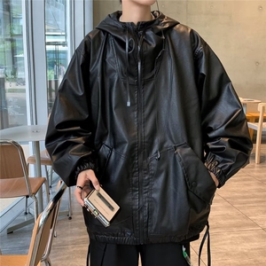 秋季青春流行男夹克文艺潮纹理PU皮连帽外套 W9267 P75图片