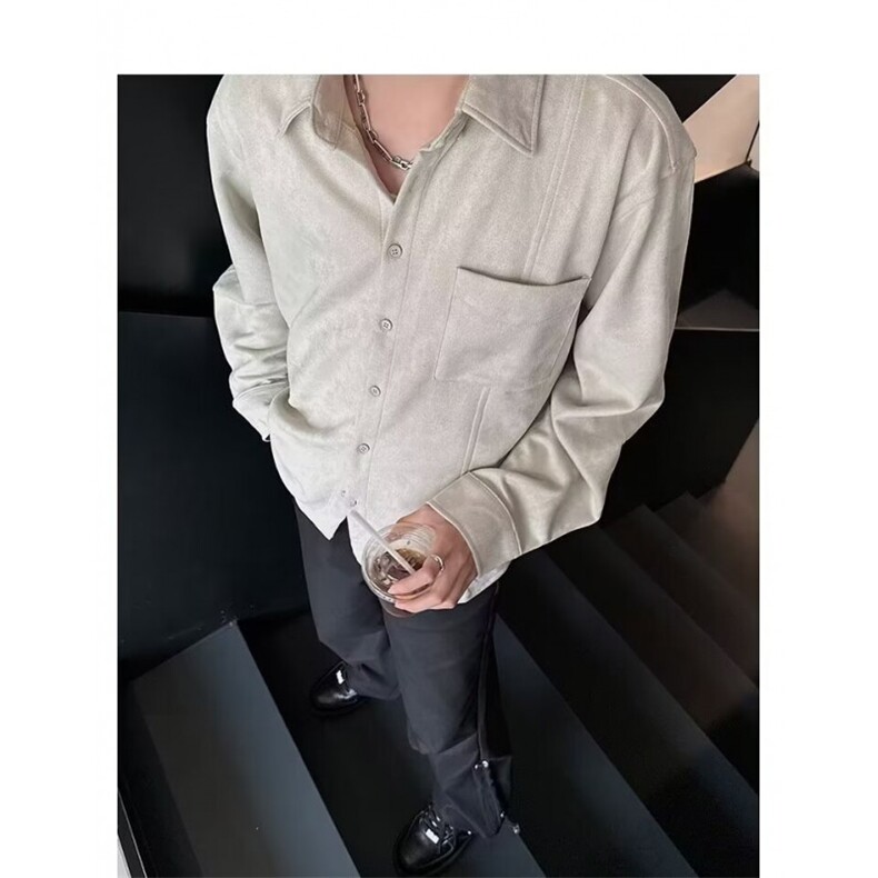 美式复古基础款麂皮绒工装长袖衬衫男垂感宽松休闲高级感衬衣外套,男装衬衫,星座506A