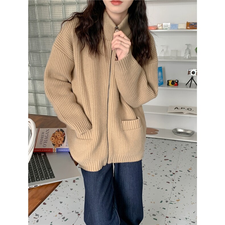 拉链纯色长袖针织开衫女宽松百搭休闲外套上衣，女装羊毛衫，恩泰羊绒