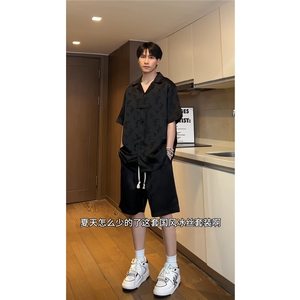 新中式风翻领盘扣短袖衬衫民族风提花短裤套装 TZ606-特P65图片