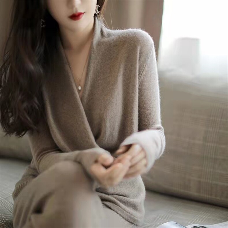 设计感小众V领打底衫女宽松套头针织毛衣高级感百搭,针织衫/毛衣,解氏羊绒