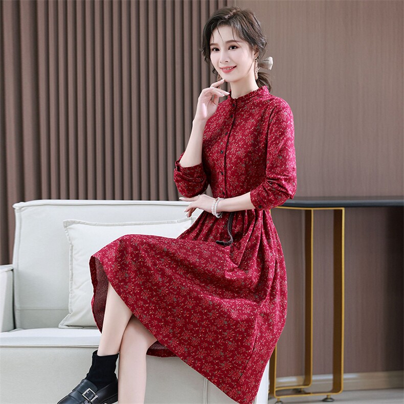 小个子休闲碎花棉麻连衣裙女2025春季新款气质收腰长袖纯棉裙子,女装连衣裙,木橙西子