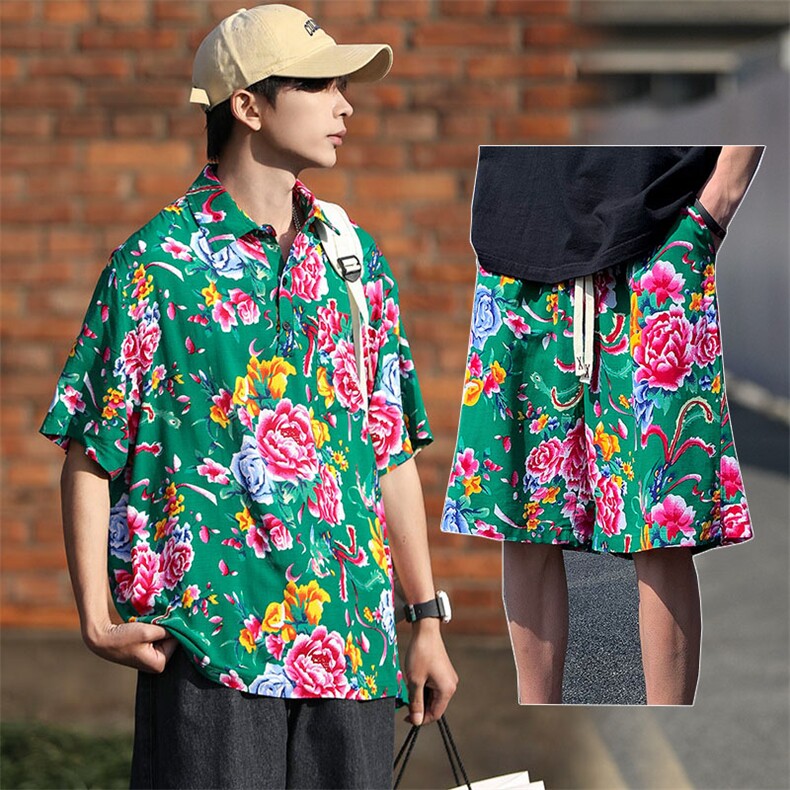 TZP风东北大花汉服套装polo衫短裤大码花TEE套装团队服休闲装,男装Polo衫,星座115A(原星座507）