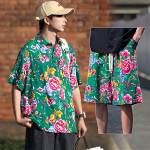 TZP风东北大花汉服套装polo衫短裤大码花TEE套装团队服休闲装图片