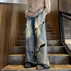 高街拼接毛边不对成重工水洗手擦马骝牛仔裤N0987-P55，男装牛仔裤，星座308B-1