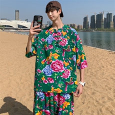 TZ340男士夏季风大花布套装大码宽松凉爽透气民族风个性外套，男装休闲套装，星座115A(原星座507）