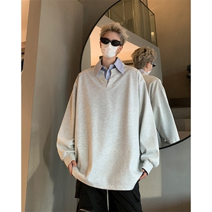 假两件卫衣衬衫男款春秋季2025新款美式重磅拼接设计感衬衫领外套图片