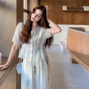韩版高级感绣花上衣女高腰半身裙2025夏季新款小个子减龄时尚套装图片