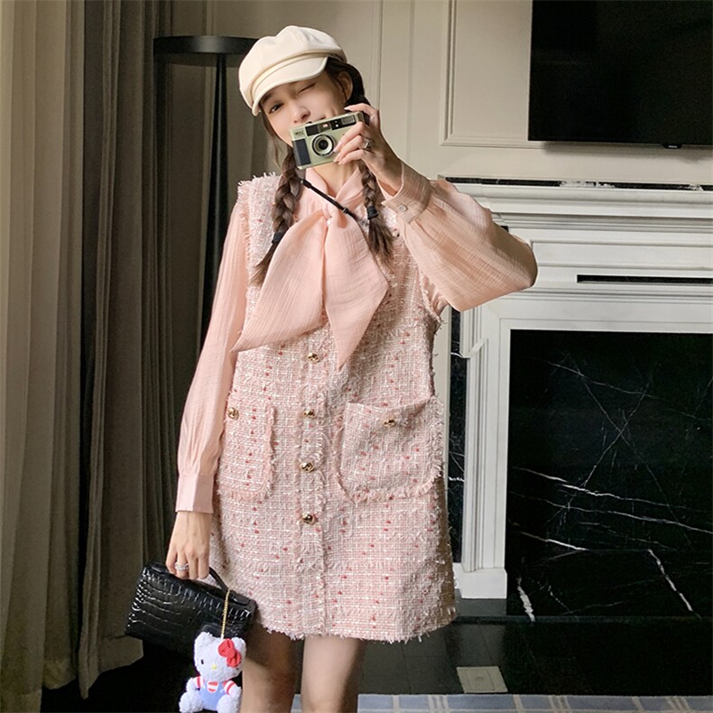 miu系穿搭粉色小香风背心连衣裙女春2025超火绝美千金感两件套装,女装套装/套裙,2D078