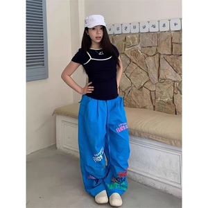 夏季薄款蓝色休闲阔腿美式运动裤透气轻薄欧美休闲裤女图片