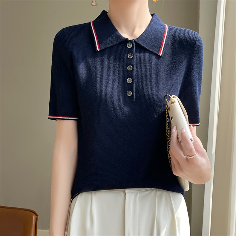 春夏POLO领撞色短袖针织衫女百搭小众学院风精纺T恤翻领上衣背心,女装T恤,越洋羊