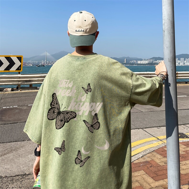 B239-1163-P38蝴蝶字母印花复古水洗做旧半袖重磅短袖T恤美式,男装T恤,星座514-2(原B239)