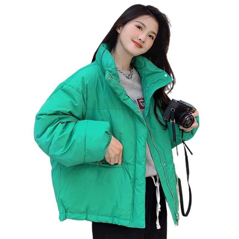 韩版宽松BV绿立领加厚绿色羽绒服女2022冬季新款短款外套90白鸭绒,女装羽绒服,梦懿尔