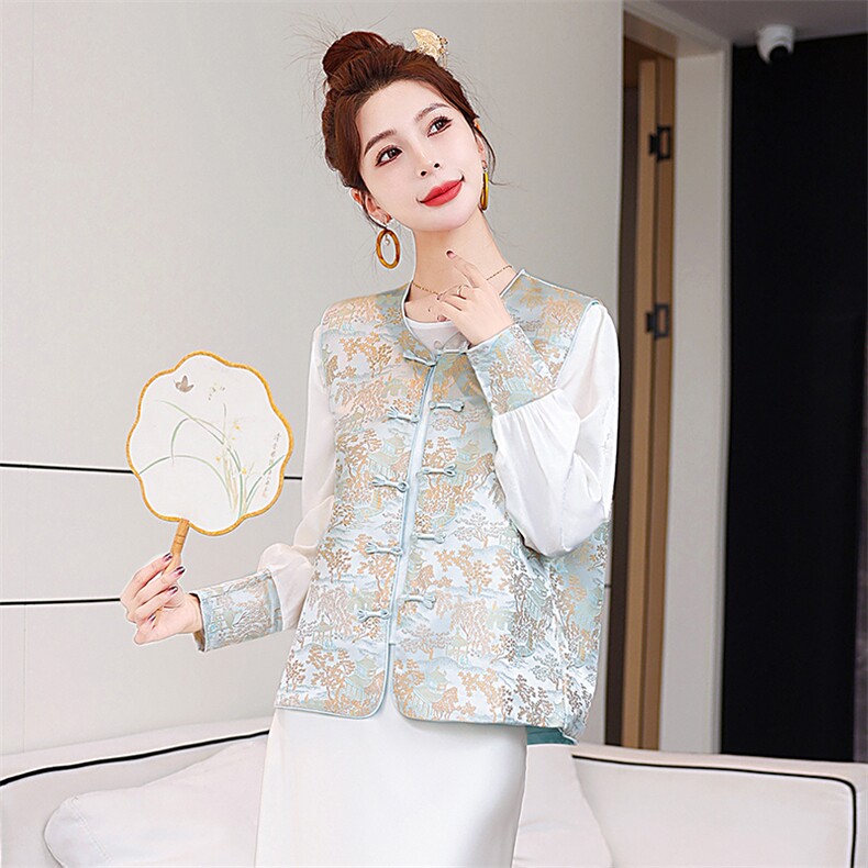 新中式国风马甲叠穿女装2025春秋新款盘扣刺绣提花背心，女装马甲，美静678