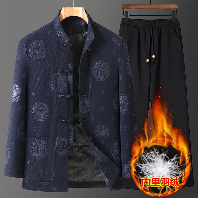 常年货风唐装中老年羽绒服套装男90绒盘口复古羽绒服外套套装,男装羽绒服,钱塘723