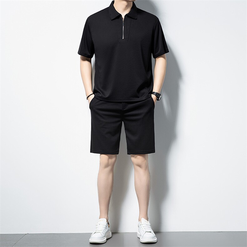 2024短袖T恤男夏季纯色宽松俩件套装翻领简约Polo衫短裤,男装Polo衫,电商B212（原钱塘6029）