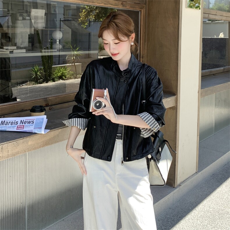 减龄条纹拼接短皮衣外套女春秋2025新款小个子流行爆款独特超好看,女装皮衣,2D013