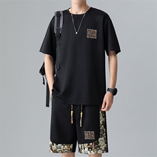 夏季菠萝格休闲运动套装男刺绣宽松T恤短裤一套A266-TZ7708-P48，男装牛仔裤，电商A266