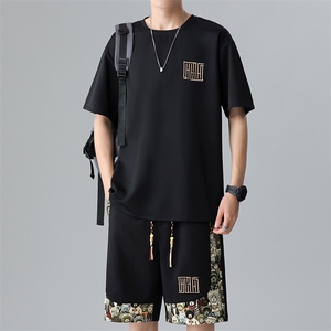 夏季菠萝格休闲运动套装男刺绣宽松T恤短裤一套A266-TZ7708-P48图片