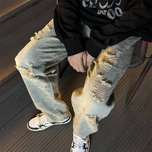 美式高街破洞牛仔裤男腰果花2022潮vibe风宽松直筒长裤K2355-P43图片