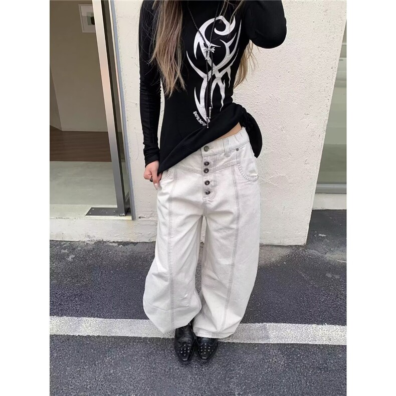 美式高街春秋新款梨形身材高腰宽松线条感阔腿弯刀牛仔裤ANB213，男装牛仔裤，星座516A