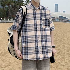 港风格子衬衫男春夏季内搭复古宽松破洞纹短袖潮衬衣外套7222P45，男装衬衫，电商A056