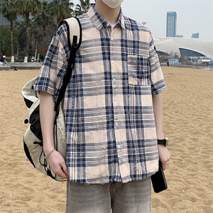 港风格子衬衫男春夏季内搭复古宽松破洞纹短袖潮衬衣外套7222P45图片