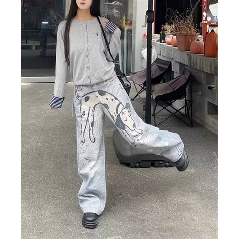 AK1689-P58潮牌3D碎钻打印做旧手绘斑点狗涂鸦牛仔裤图片