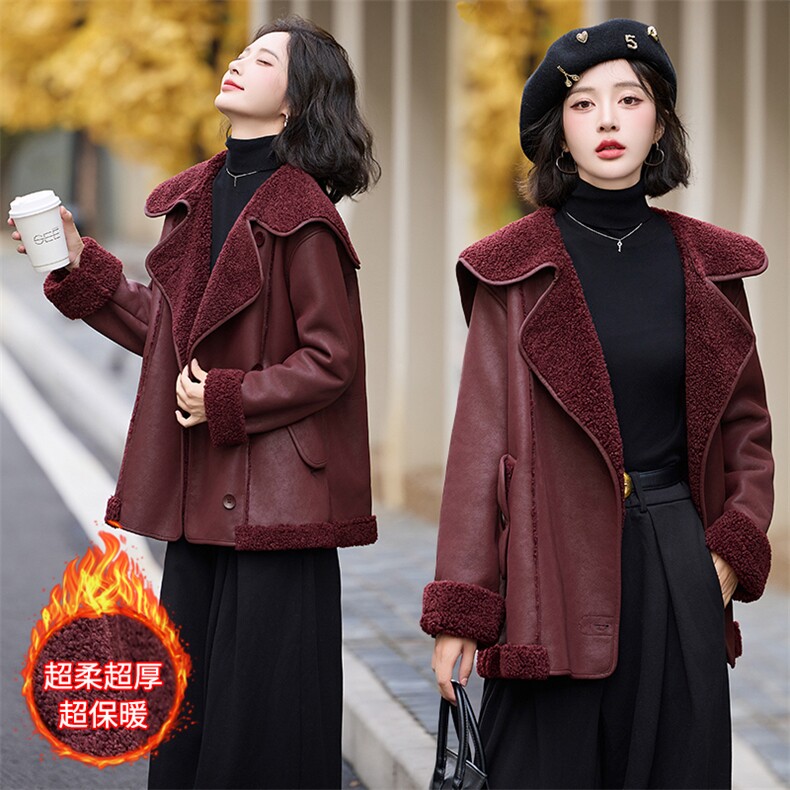 冬天大翻领仿羊羔毛皮毛一体羊羔绒厚外套女秋冬2024新款高级感，女装皮衣，潮流依族